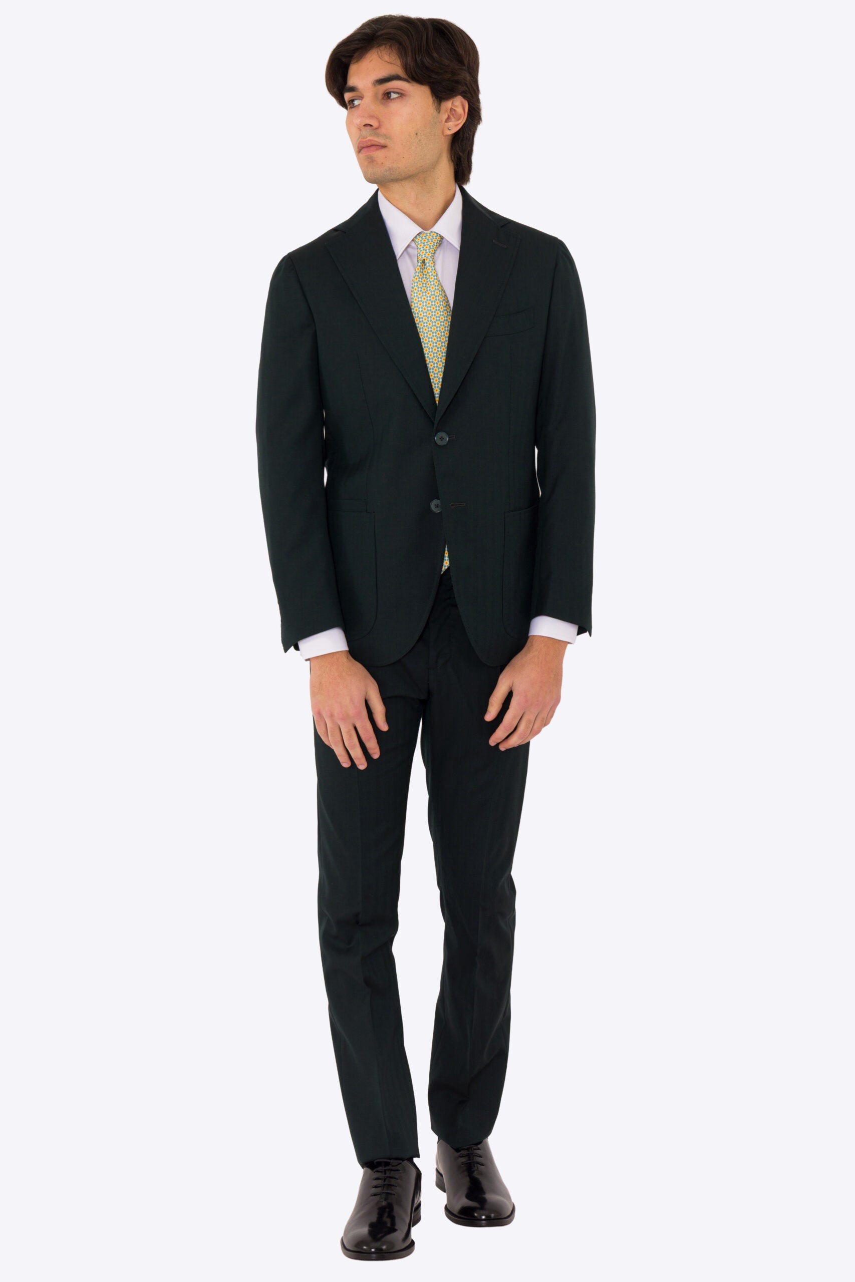 Abito uomo semi intelato Verde spigato monopetto in fresco lana super 130's Fordam tessuti Rever a classico 9cm