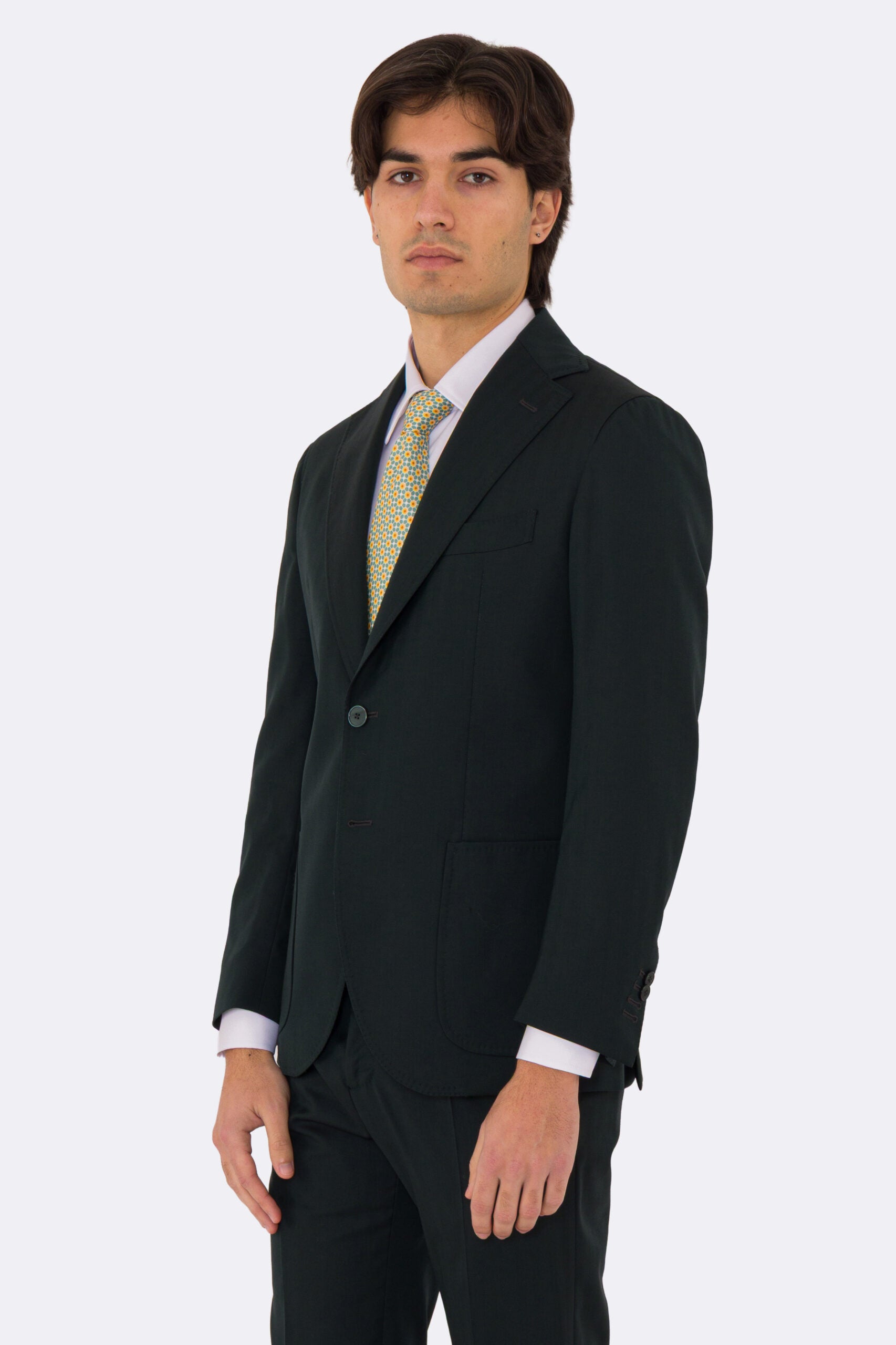 Abito uomo semi intelato Verde spigato monopetto in fresco lana super 130's Fordam tessuti Rever a classico 9cm