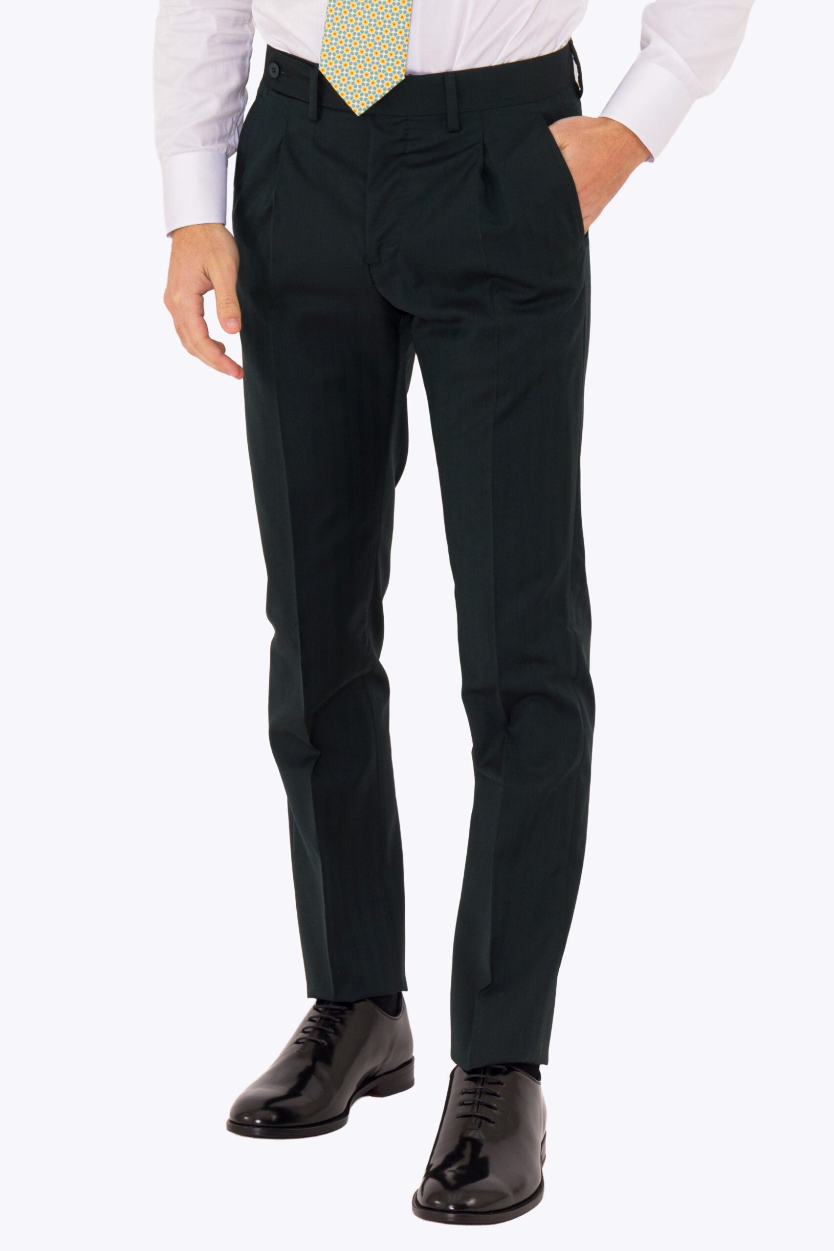 Abito uomo semi intelato Verde spigato monopetto in fresco lana super 130's Fordam tessuti Rever a classico 9cm