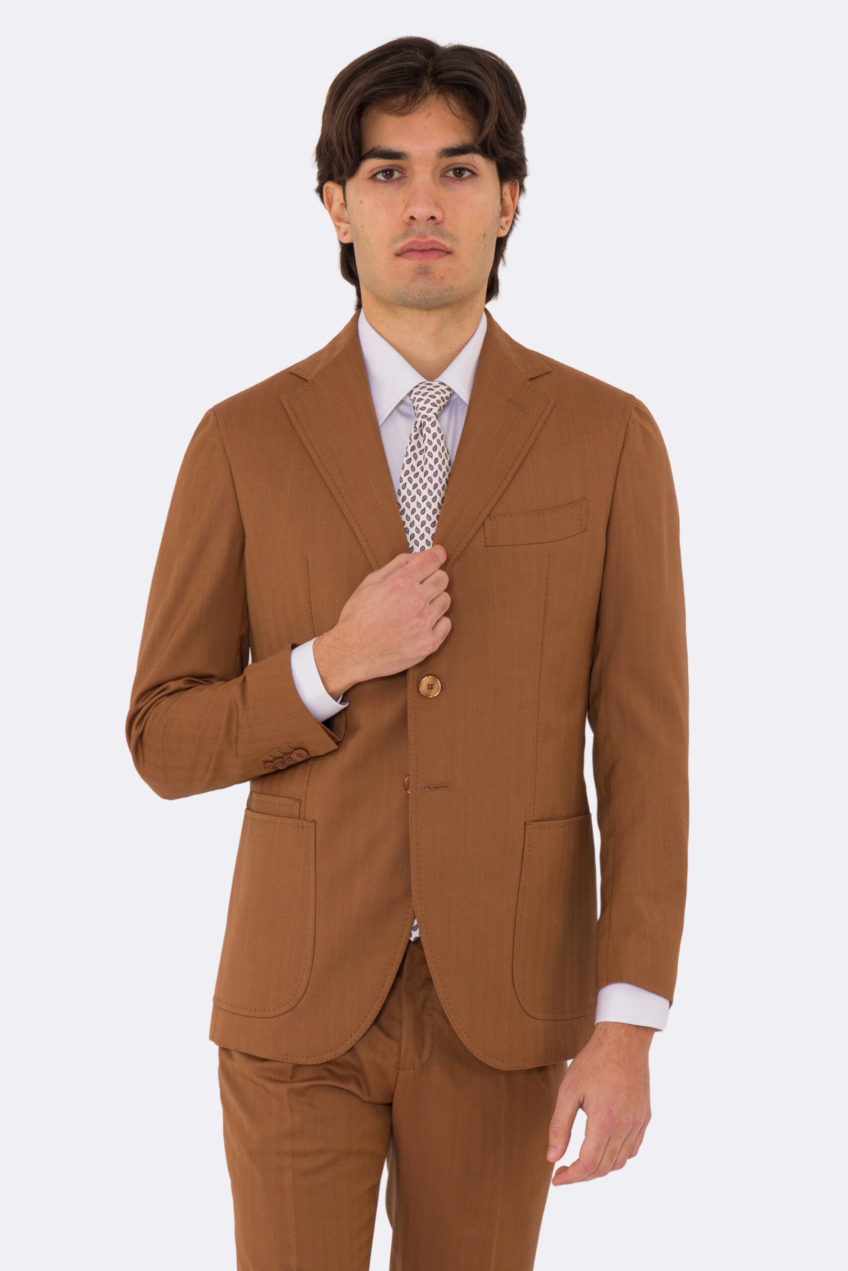 Abito uomo semi intelato coccio spigato monopetto in fresco lana super 130's Fordam tessuti Rever a classico 9cm