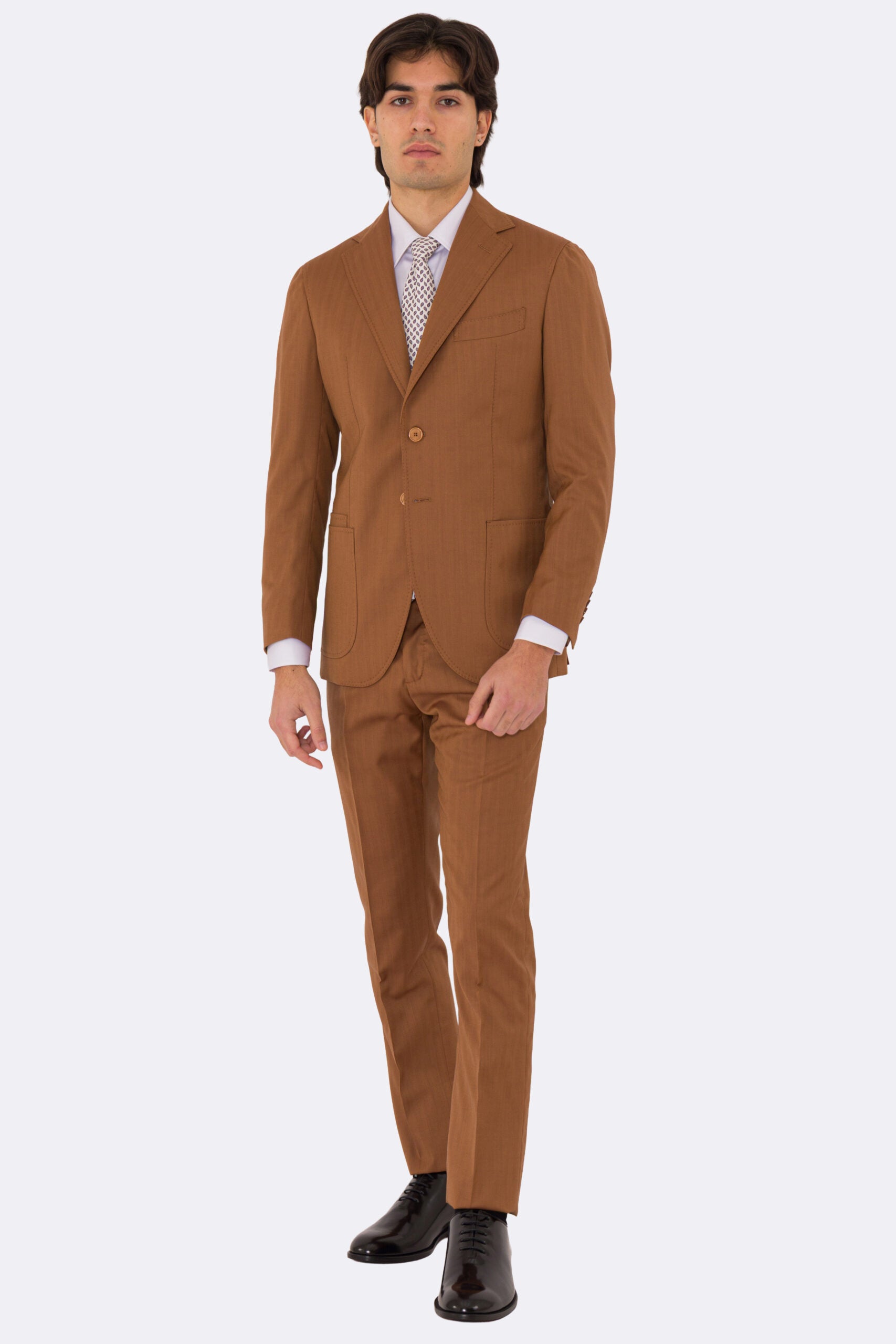 Abito uomo semi intelato coccio spigato monopetto in fresco lana super 130's Fordam tessuti Rever a classico 9cm