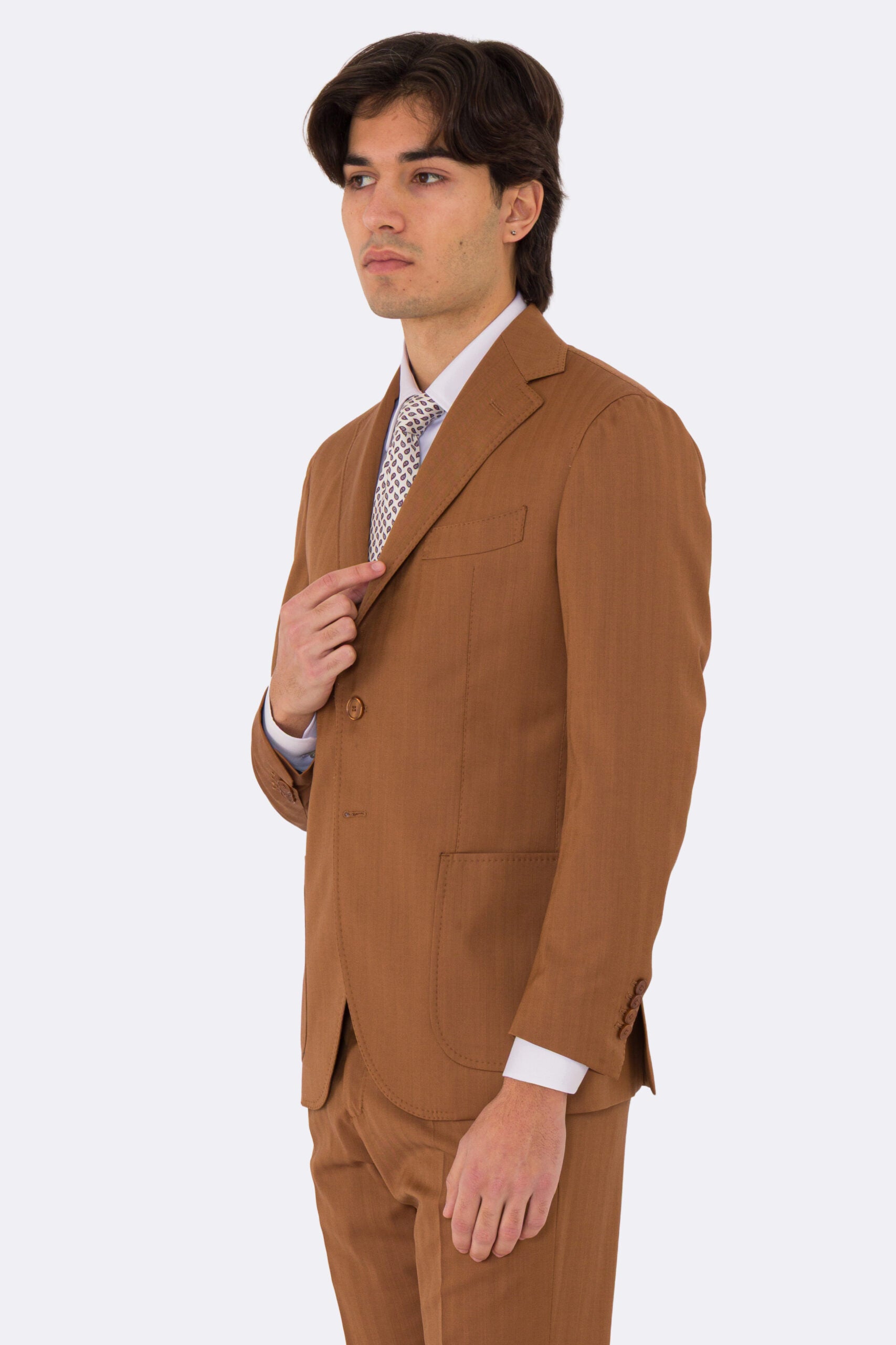 Abito uomo semi intelato coccio spigato monopetto in fresco lana super 130's Fordam tessuti Rever a classico 9cm