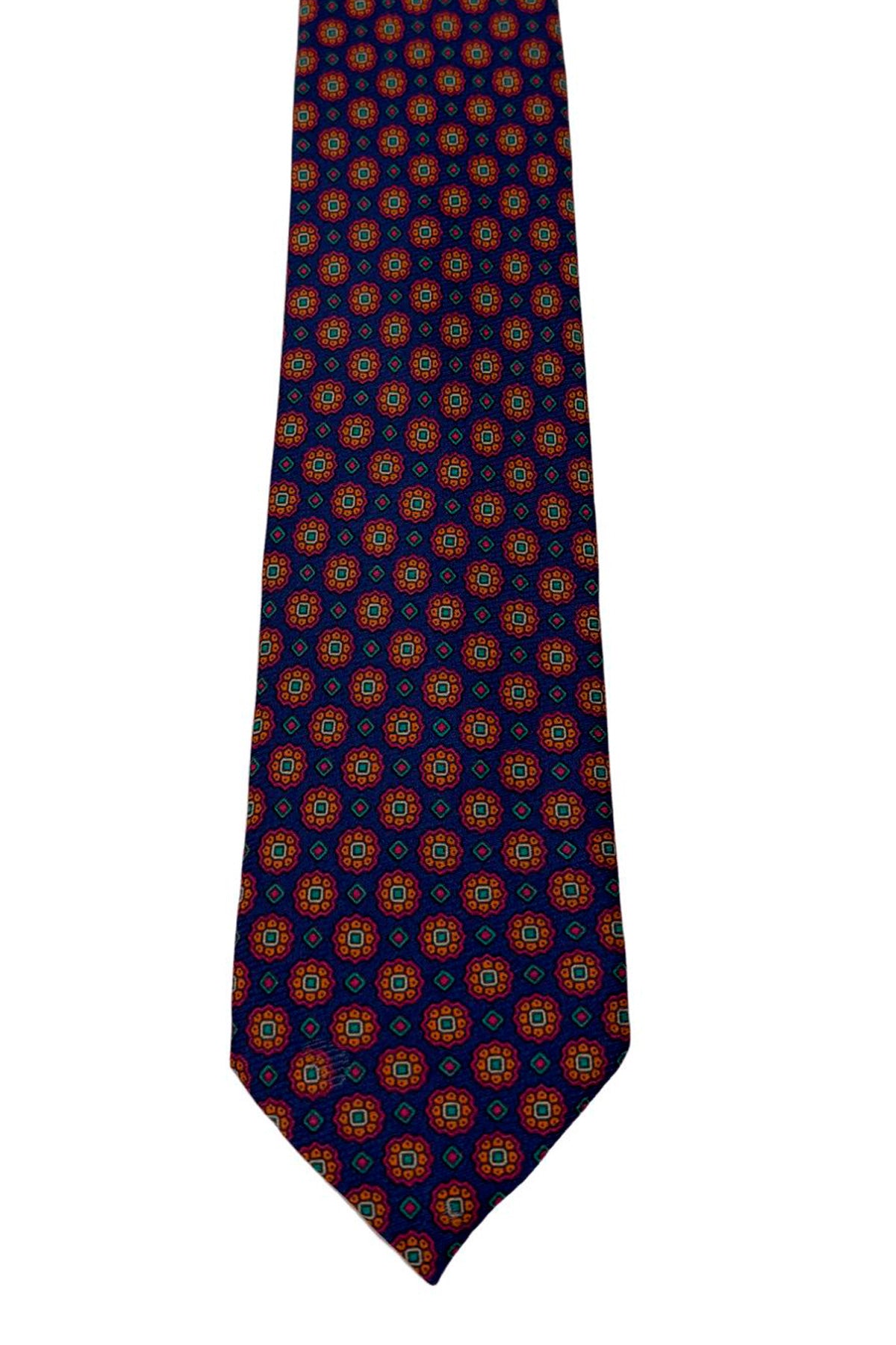 Cravatta uomo blu fantasia in pura seta cucita a mano lavorazione 3 pieghe 9cm .