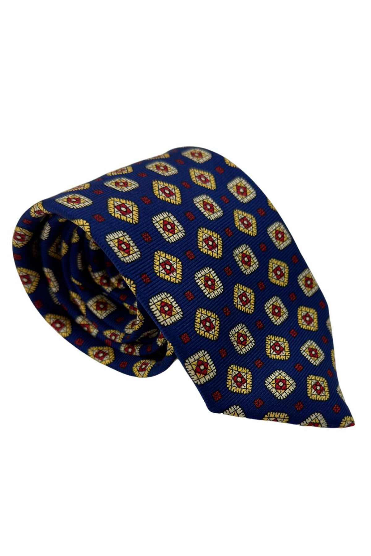 Cravatta uomo blu fantasia in pura seta cucita a mano lavorazione 3 pieghe 9cm .