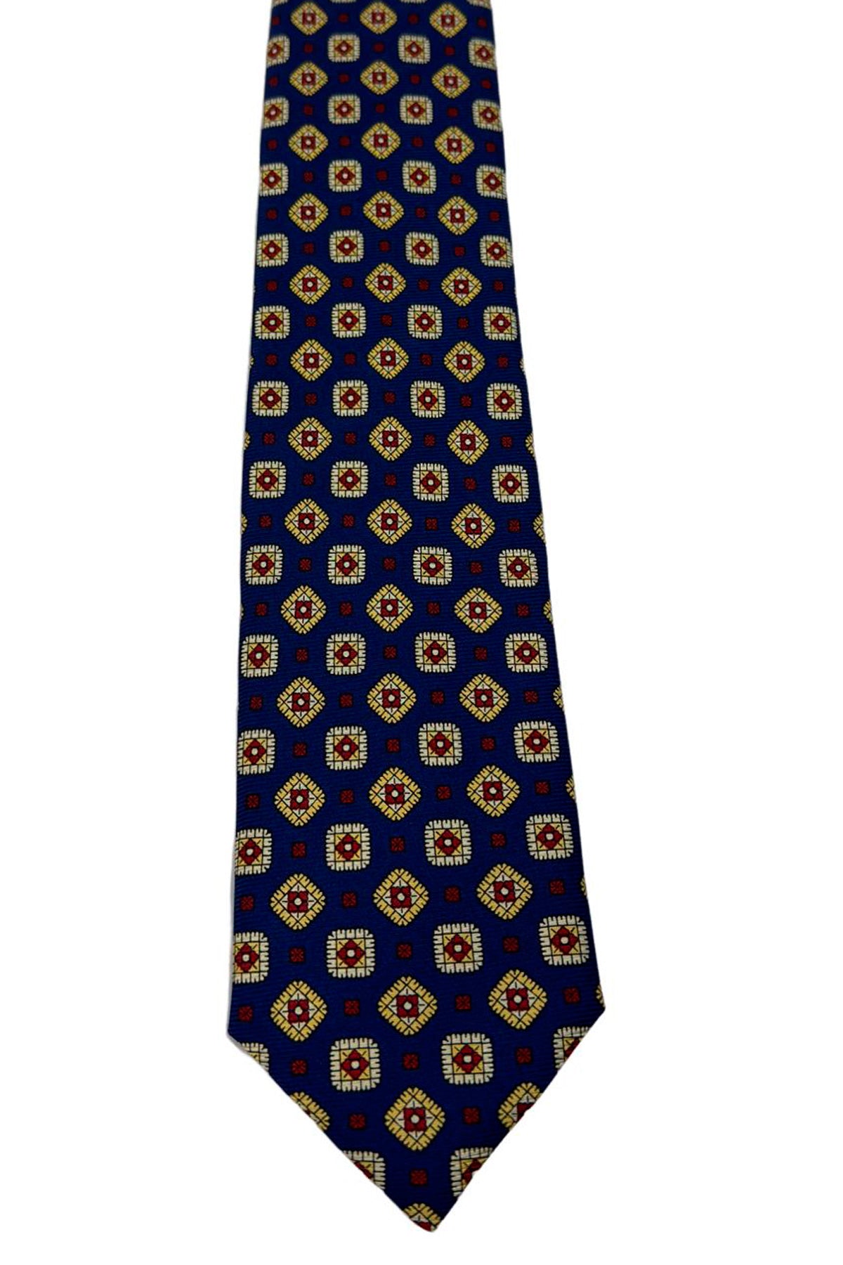 Cravatta uomo blu fantasia in pura seta cucita a mano lavorazione 3 pieghe 9cm .