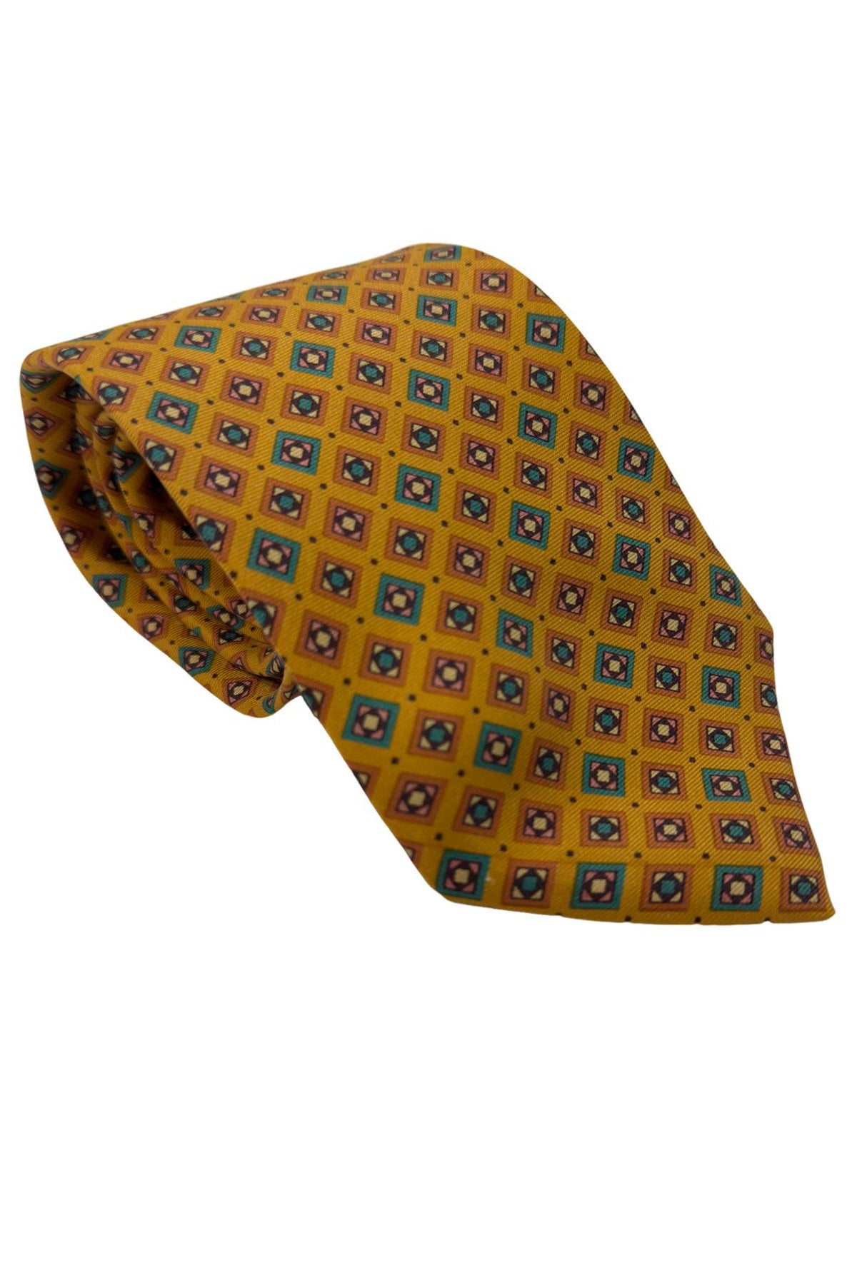 Cravatta uomo senape fantasia in pura seta cucita a mano lavorazione 3 pieghe 9cm .