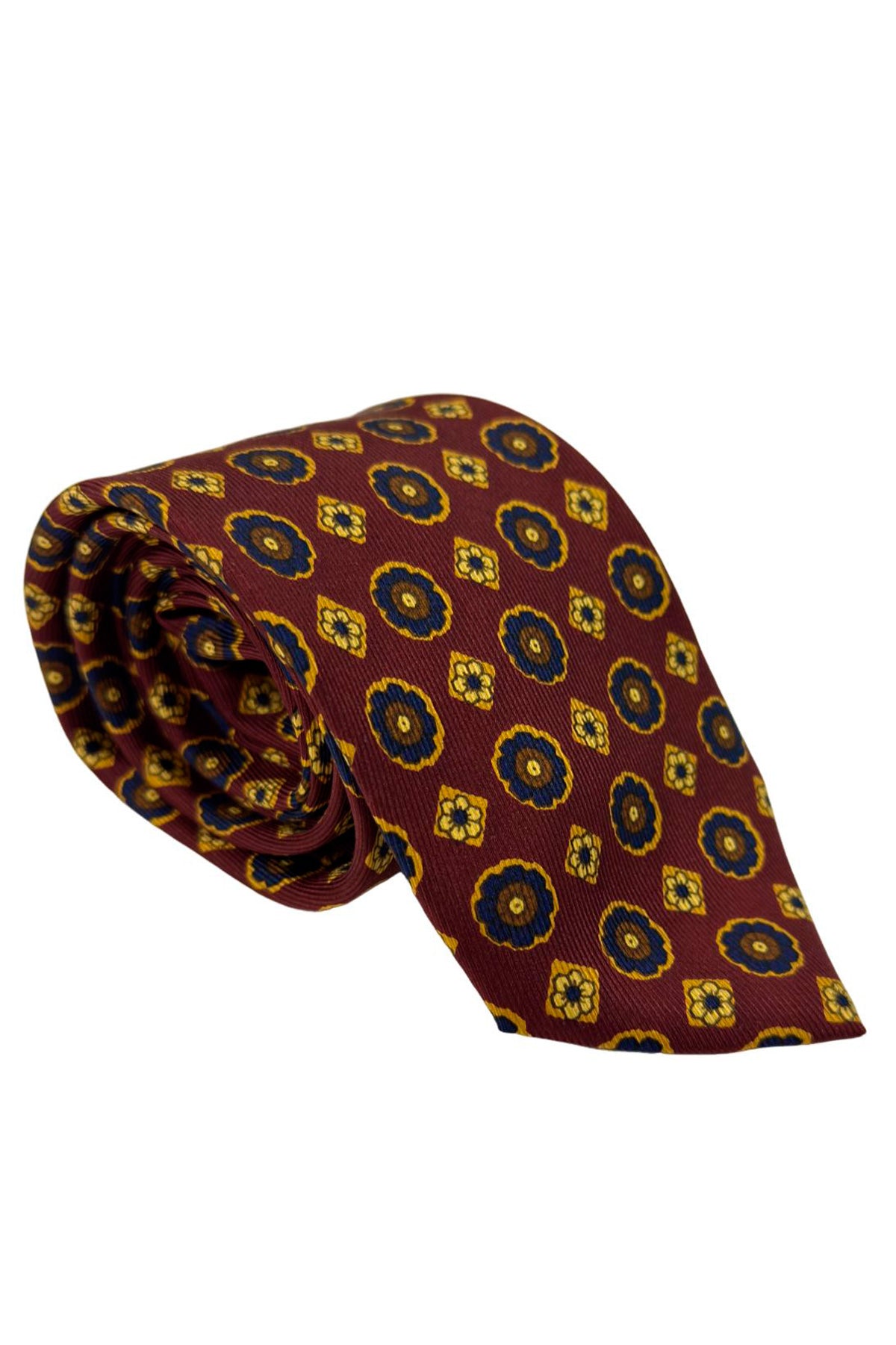 Cravatta uomo Bordeaux fantasia in pura seta cucita a mano lavorazione 3 pieghe 9cm.