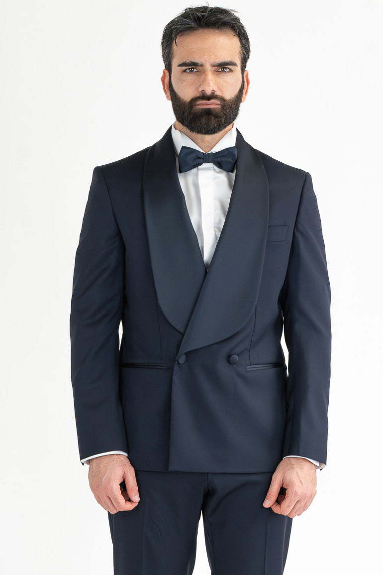 Abito smoking Doppiopetto blu da uomo in fresco lana super 130's Vitale Barberis Canonico con rever a scialle largo in raso con pantalone senza pinces