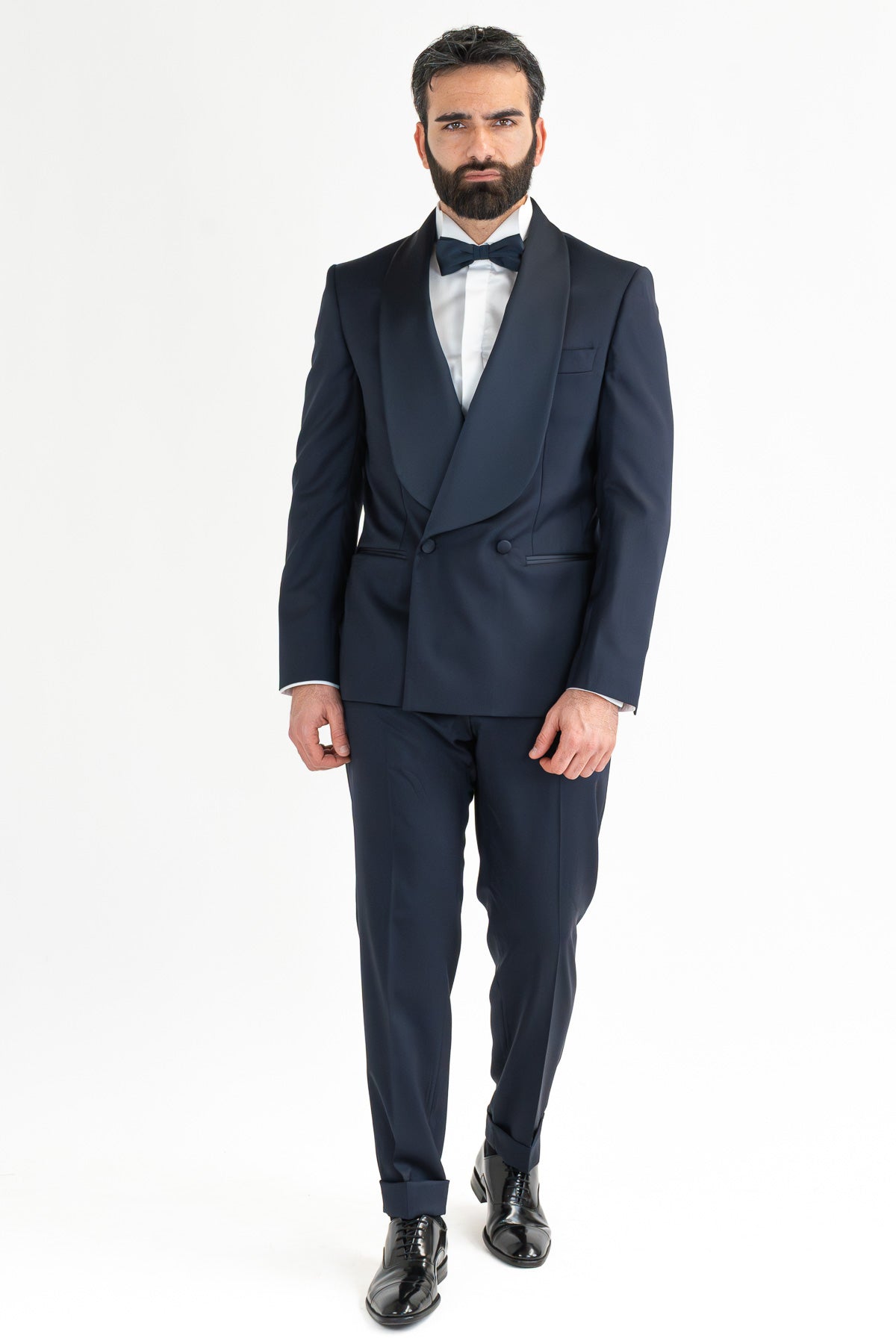 Abito smoking Doppiopetto blu da uomo in fresco lana super 130's Vitale Barberis Canonico con rever a scialle largo in raso con pantalone senza pinces