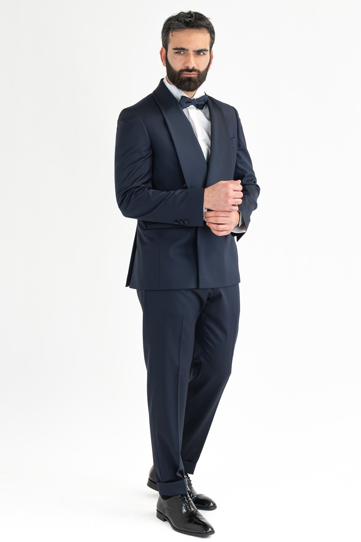Abito smoking Doppiopetto blu da uomo in fresco lana super 130's Vitale Barberis Canonico con rever a scialle largo in raso con pantalone senza pinces