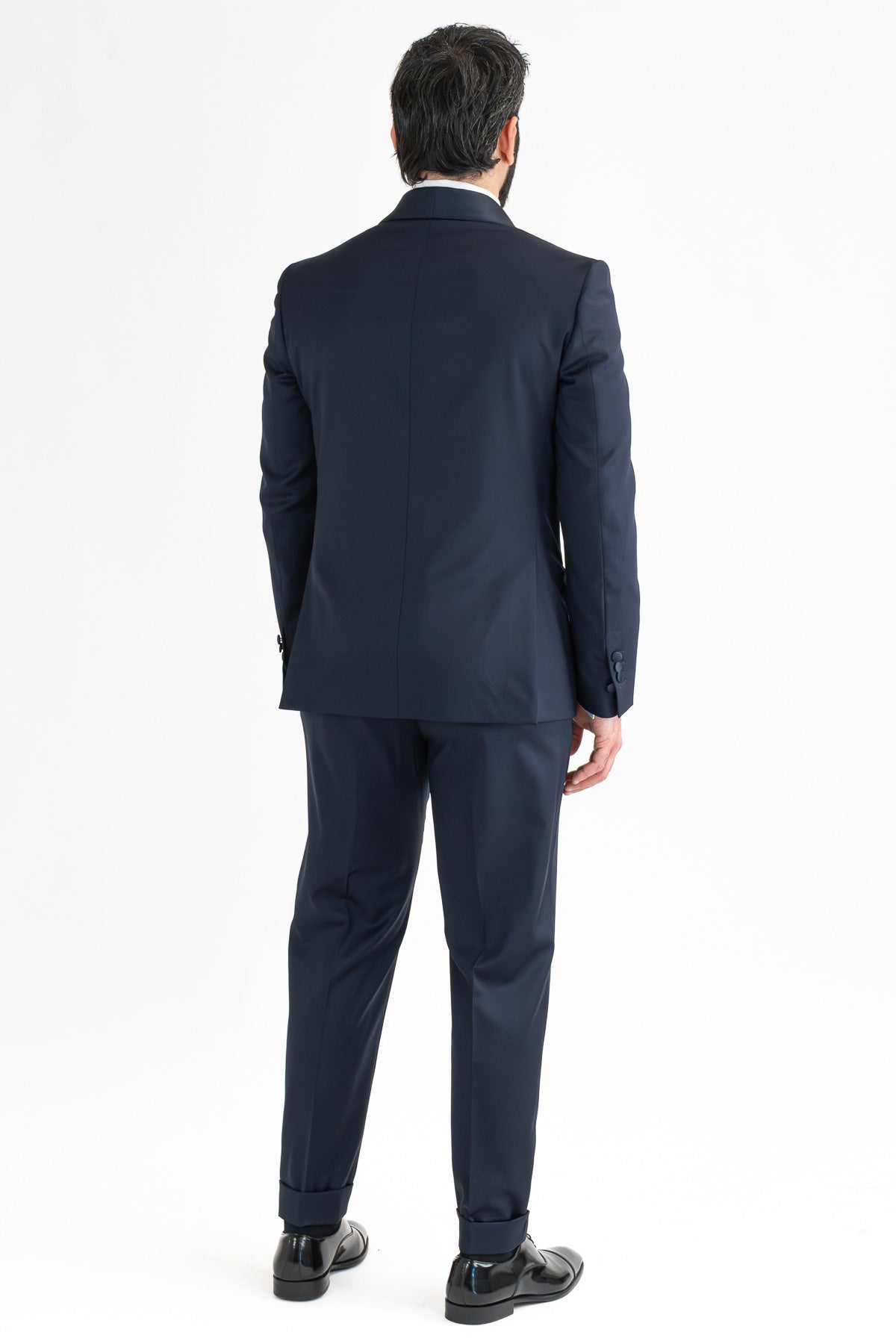 Abito smoking Doppiopetto blu da uomo in fresco lana super 130's Vitale Barberis Canonico con rever a scialle largo in raso con pantalone senza pinces