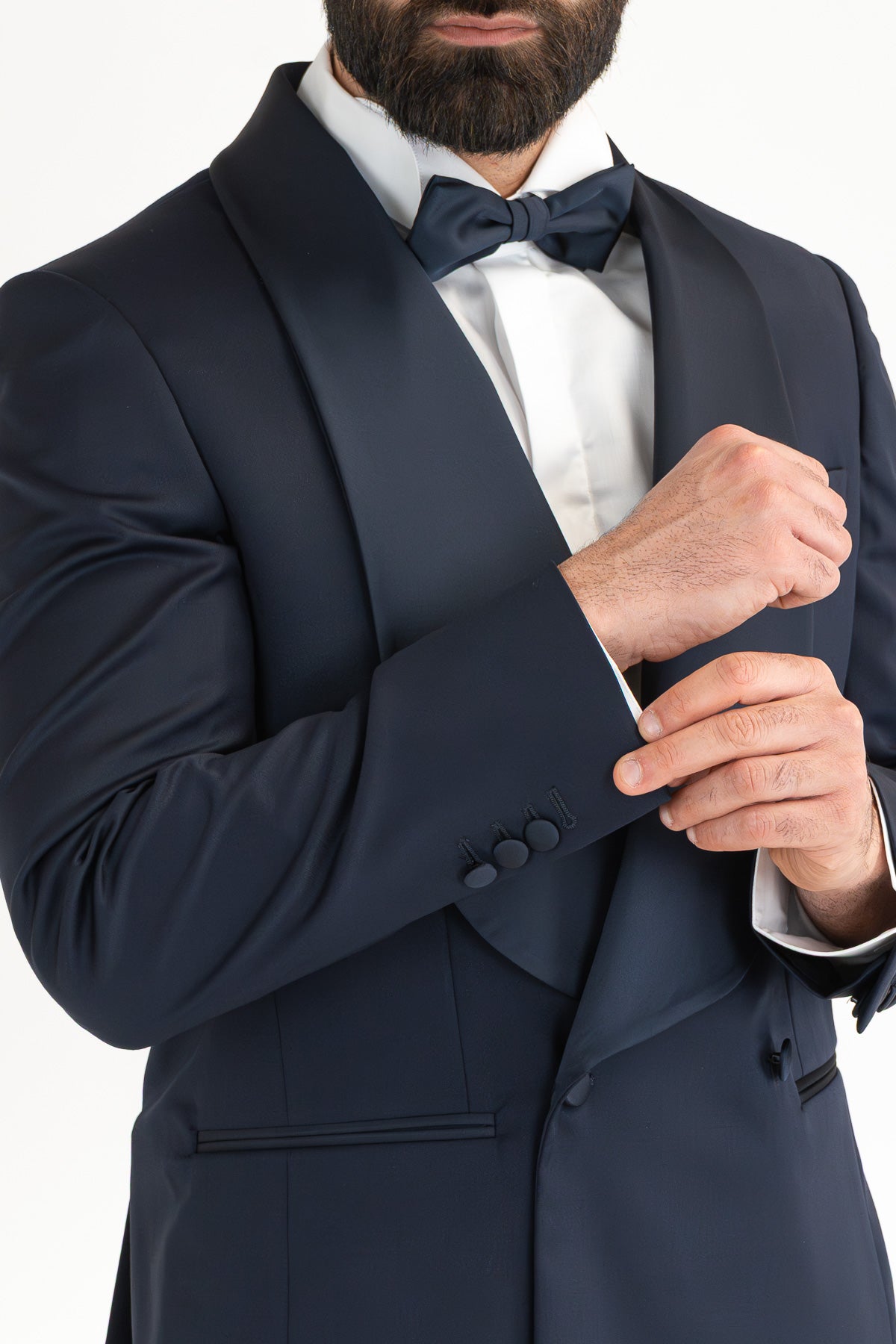 Abito smoking Doppiopetto blu da uomo in fresco lana super 130's Vitale Barberis Canonico con rever a scialle largo in raso con pantalone senza pinces