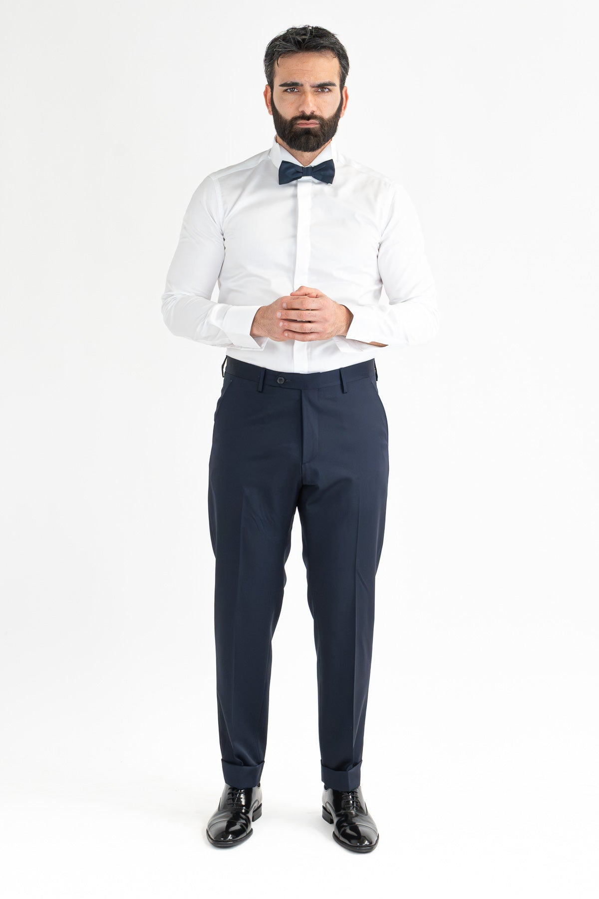 Abito smoking Doppiopetto blu da uomo in fresco lana super 130's Vitale Barberis Canonico con rever a scialle largo in raso con pantalone senza pinces