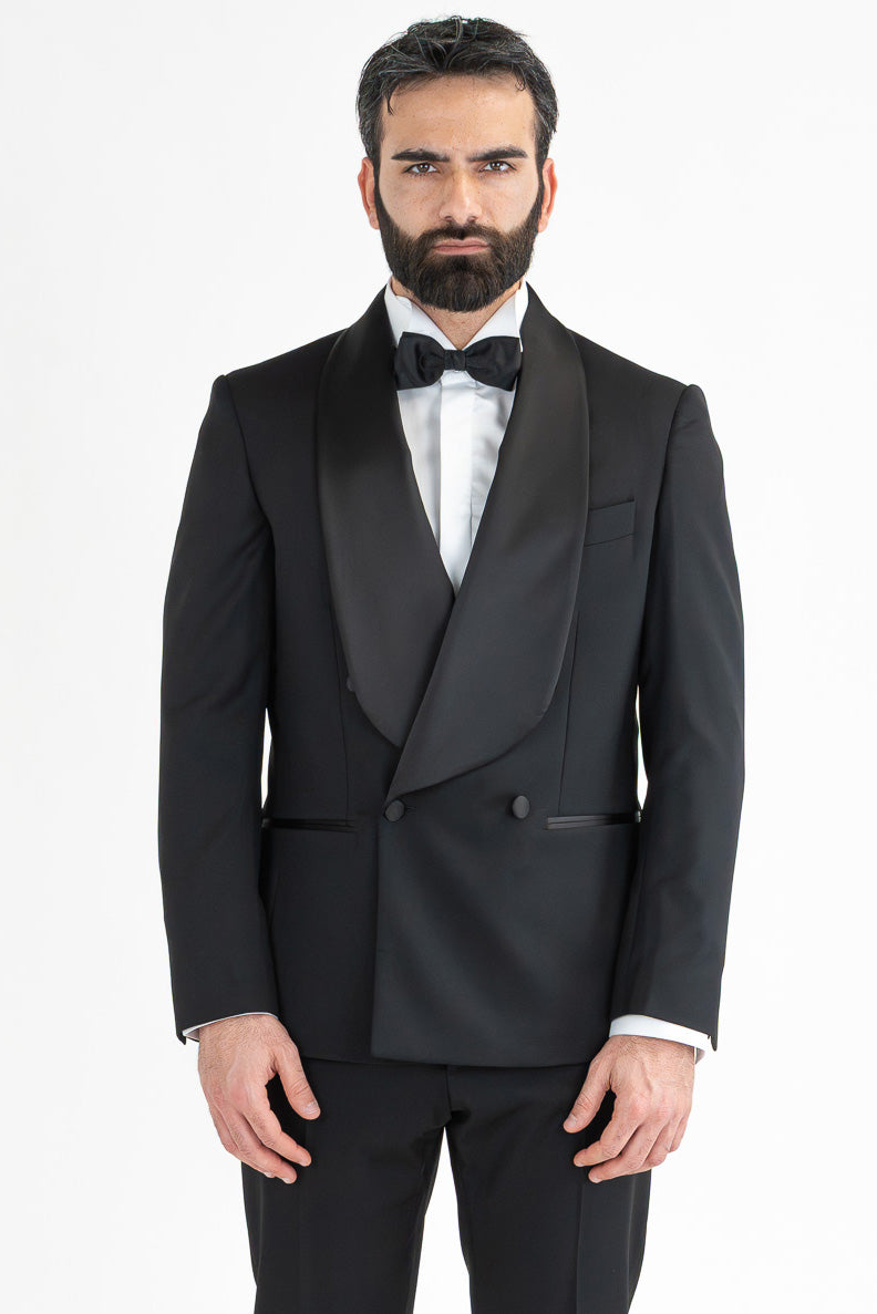 Abito smoking Doppiopetto nero da uomo in fresco lana super 130's Vitale Barberis Canonico con rever a scialle largo in raso con pantalone senza pinces