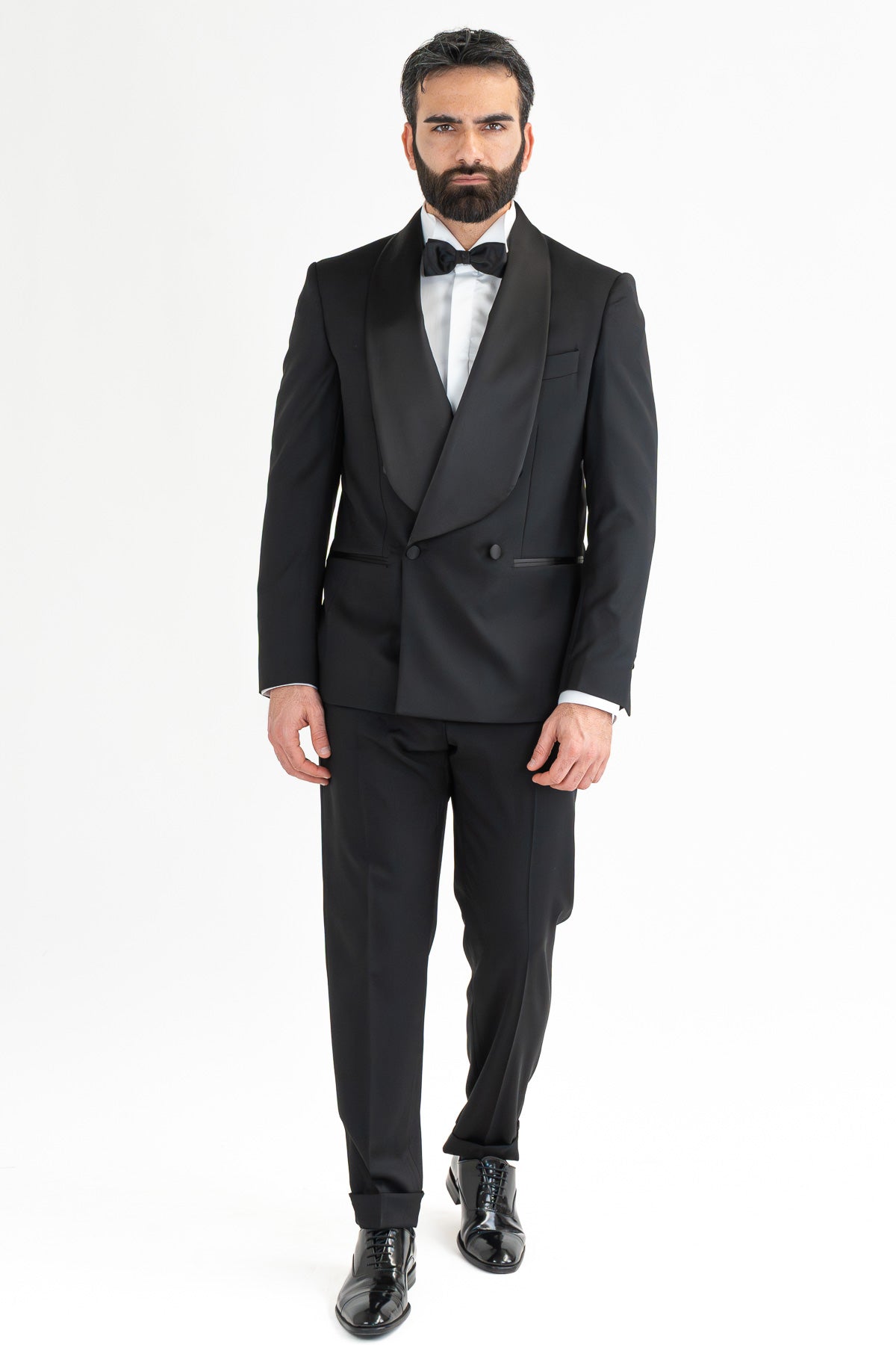 Abito smoking Doppiopetto nero da uomo in fresco lana super 130's Vitale Barberis Canonico con rever a scialle largo in raso con pantalone senza pinces