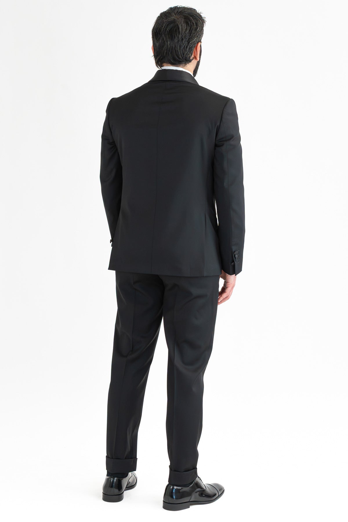 Abito smoking Doppiopetto nero da uomo in fresco lana super 130's Vitale Barberis Canonico con rever a scialle largo in raso con pantalone senza pinces
