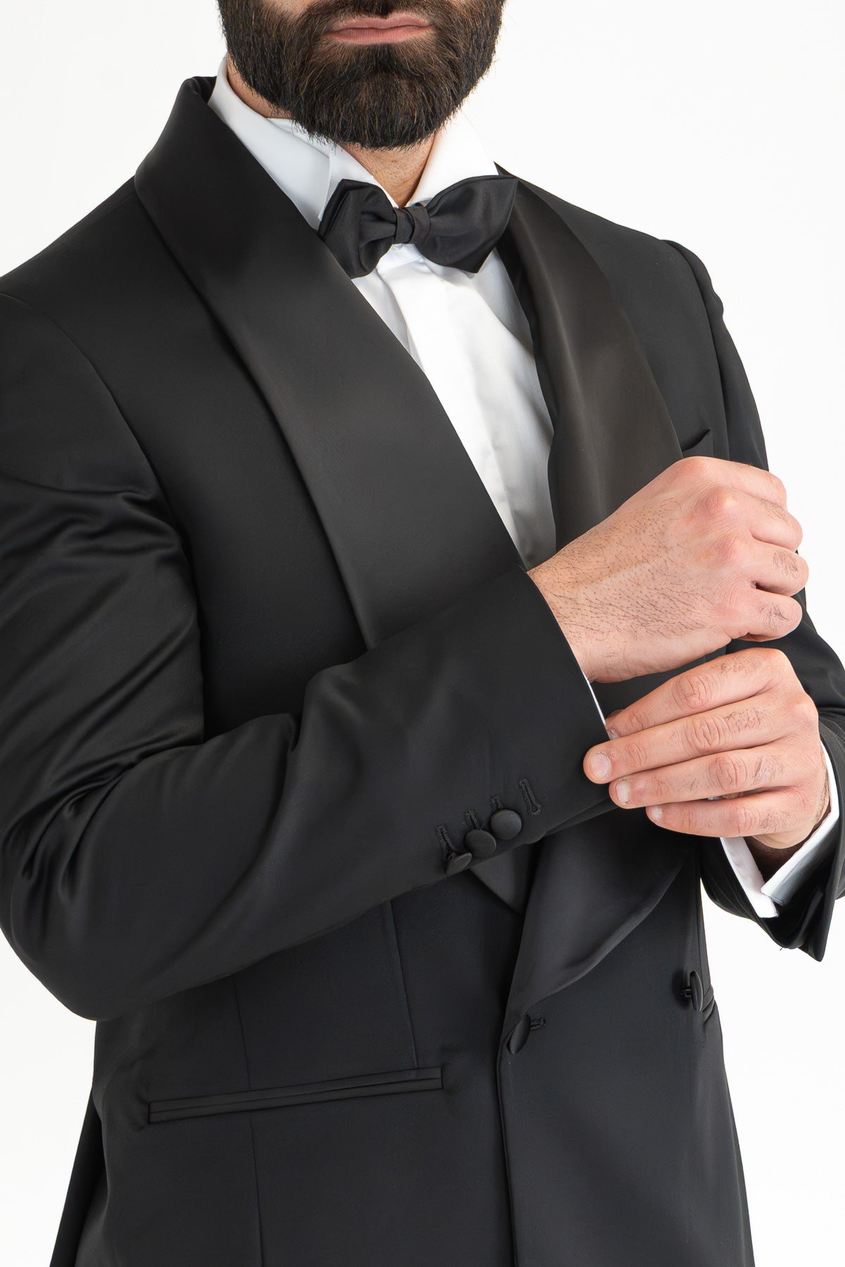 Abito smoking Doppiopetto nero da uomo in fresco lana super 130's Vitale Barberis Canonico con rever a scialle largo in raso con pantalone senza pinces