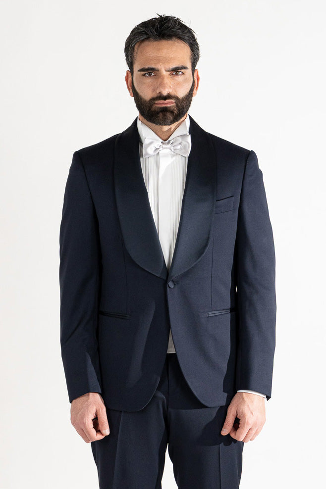 Abito smoking monopetto blu da uomo in fresco lana super 130's Vitale Barberis Canonico con rever a scialle largo in raso con pantalone senza pinces