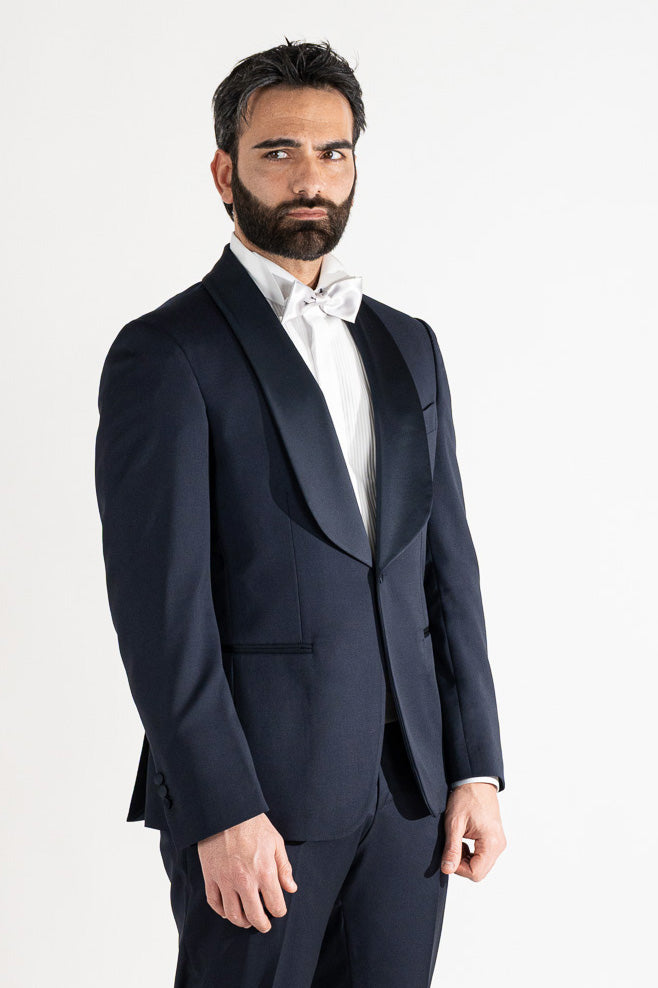 Abito smoking monopetto blu da uomo in fresco lana super 130's Vitale Barberis Canonico con rever a scialle largo in raso con pantalone senza pinces