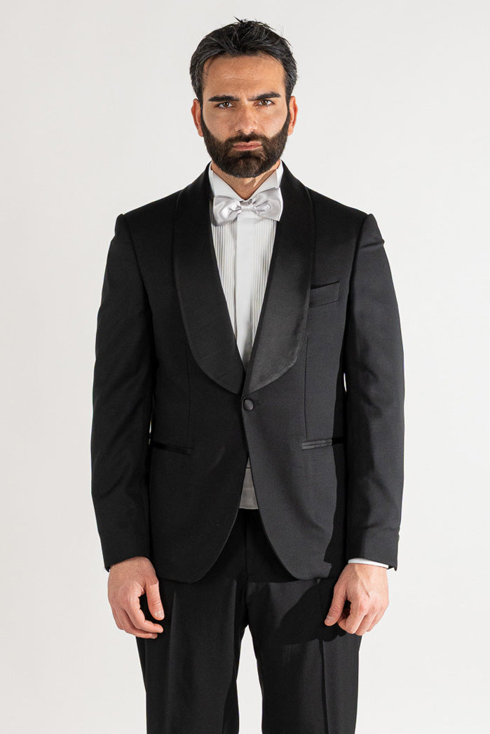 Abito smoking Monopetto nero da uomo in fresco lana super 130's Vitale Barberis Canonico con rever a scialle largo in raso con pantalone senza pinces
