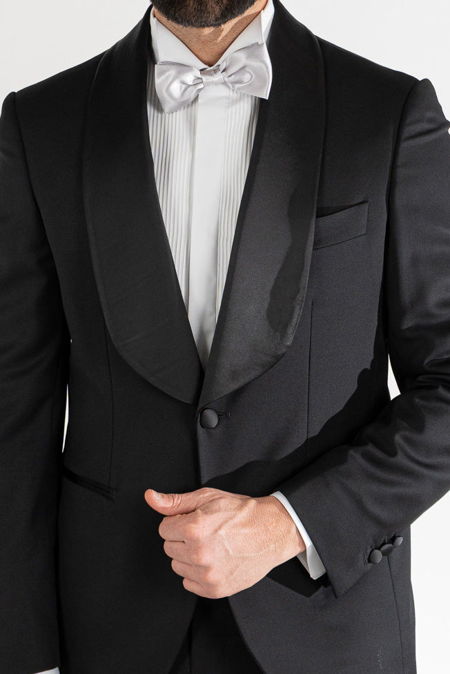 Abito smoking Monopetto nero da uomo in fresco lana super 130's Vitale Barberis Canonico con rever a scialle largo in raso con pantalone senza pinces
