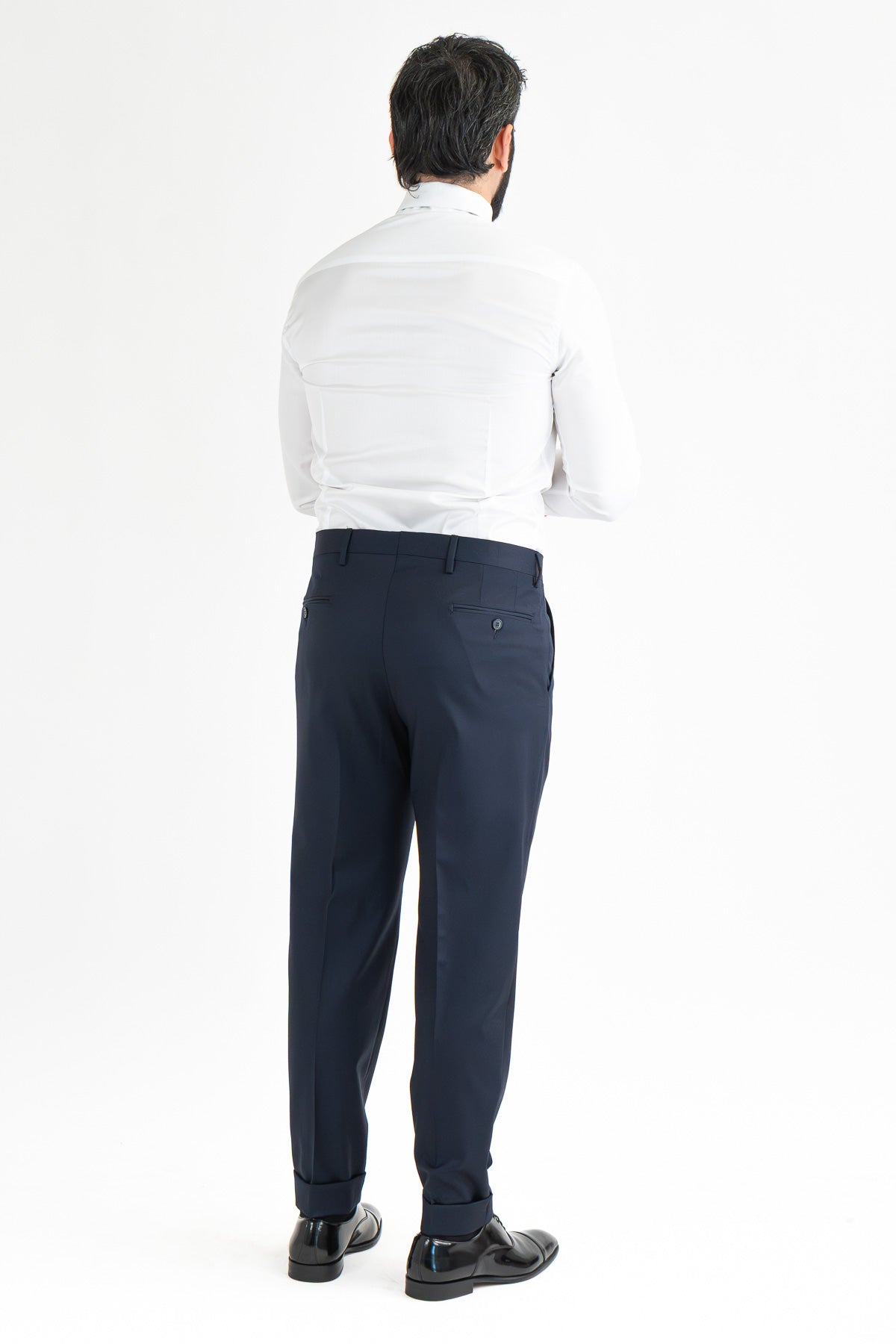 Abito smoking monopetto blu da uomo in fresco lana super 130's Vitale Barberis Canonico con rever a lancia largo in raso con pantalone senza pinces