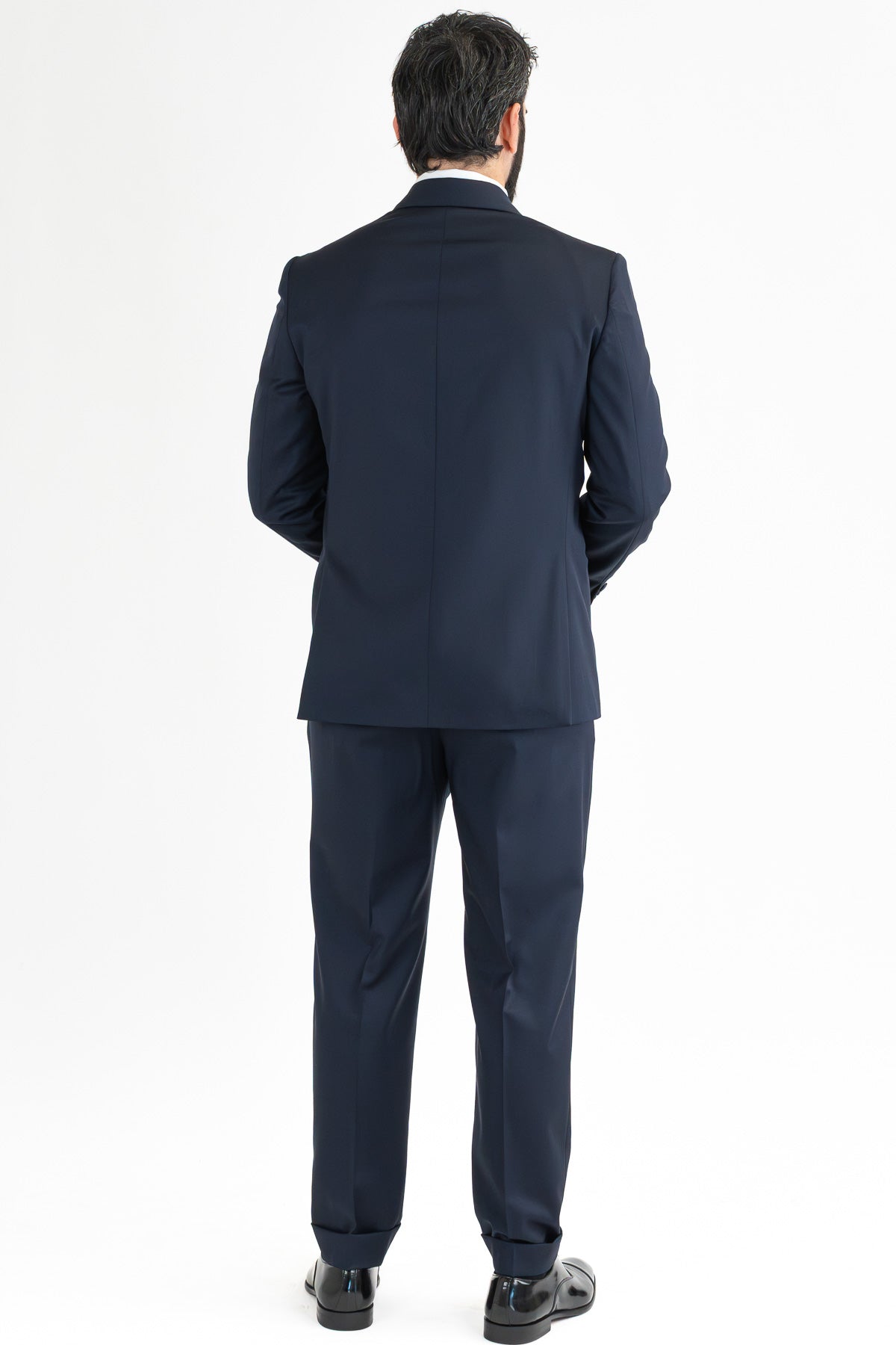 Abito smoking monopetto blu da uomo in fresco lana super 130's Vitale Barberis Canonico con rever a lancia largo in raso con pantalone senza pinces