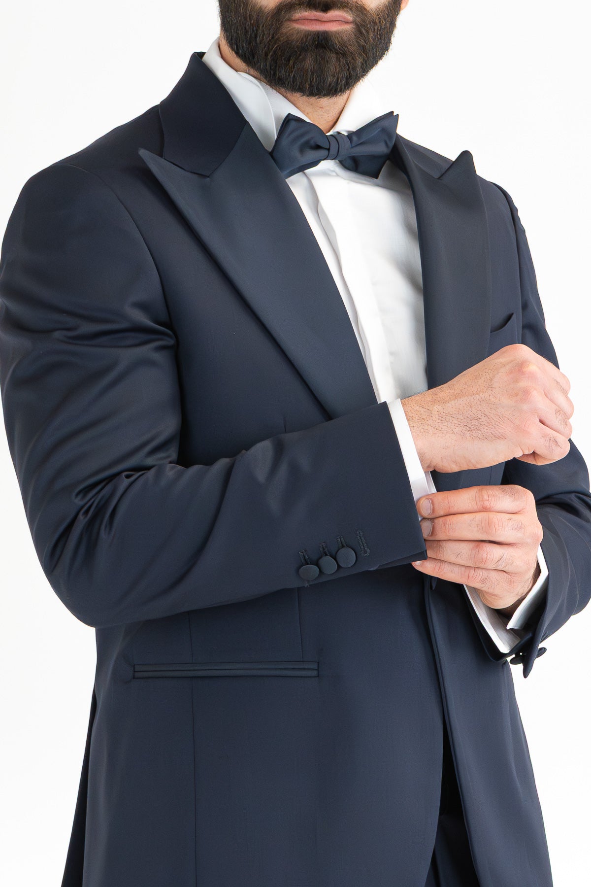 Abito smoking monopetto blu da uomo in fresco lana super 130's Vitale Barberis Canonico con rever a lancia largo in raso con pantalone senza pinces