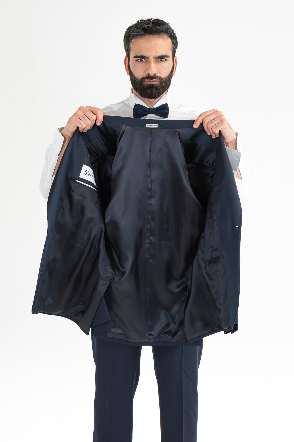 Abito smoking monopetto blu da uomo in fresco lana super 130's Vitale Barberis Canonico con rever a lancia largo in raso con pantalone senza pinces