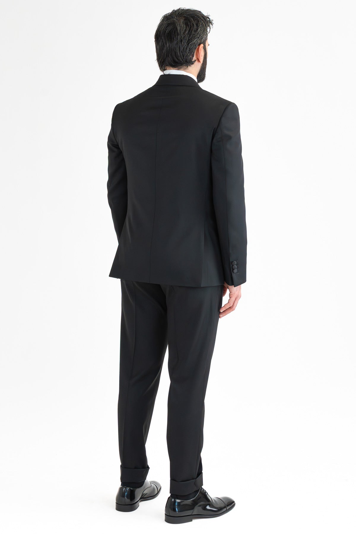 Abito smoking Monopetto nero da uomo in fresco lana super 130's Vitale Barberis Canonico con rever a lancia largo in raso con pantalone senza pinces