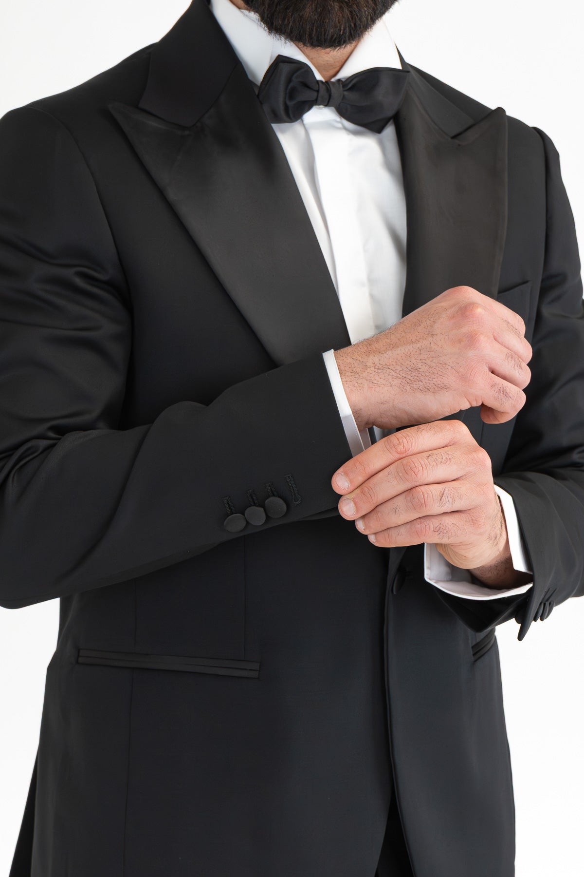 Abito smoking Monopetto nero da uomo in fresco lana super 130's Vitale Barberis Canonico con rever a lancia largo in raso con pantalone senza pinces