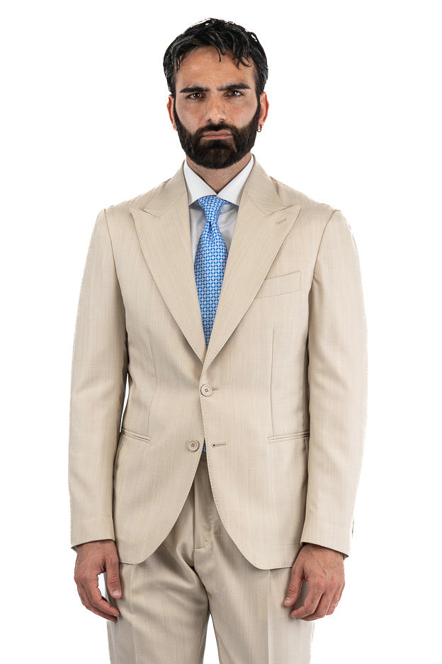 Abito spigato beige monopetto fresco lana TessutiVitale Barberis Canonico completamente sfoderato con Rever a lancia e tasche a filetto