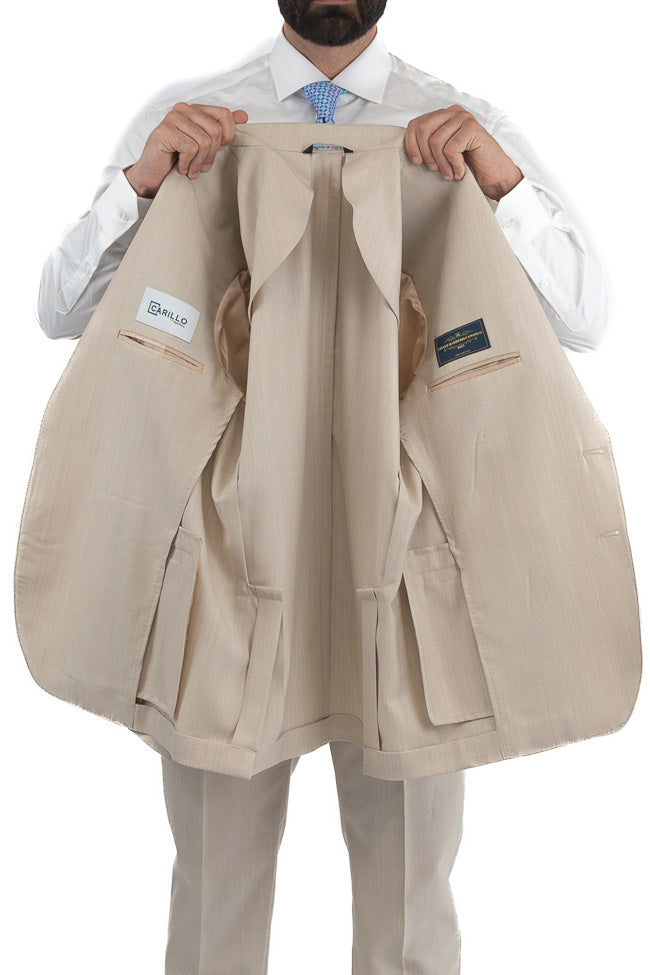 Abito spigato beige monopetto fresco lana TessutiVitale Barberis Canonico completamente sfoderato con Rever a lancia e tasche a filetto