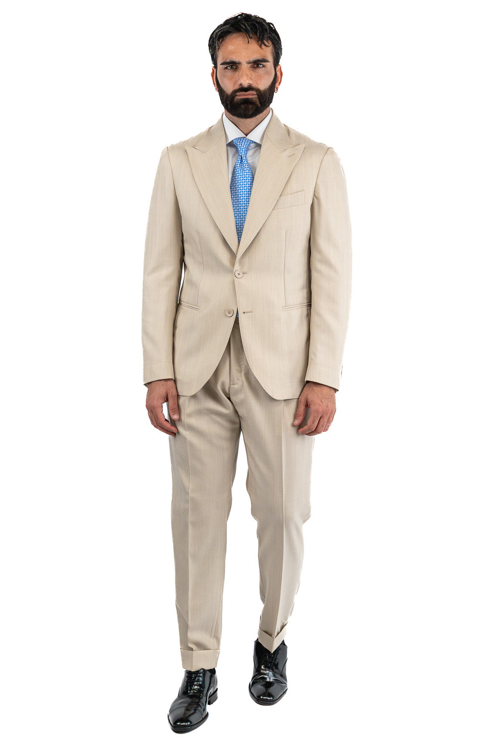 Abito spigato beige monopetto fresco lana TessutiVitale Barberis Canonico completamente sfoderato con Rever a lancia e tasche a filetto