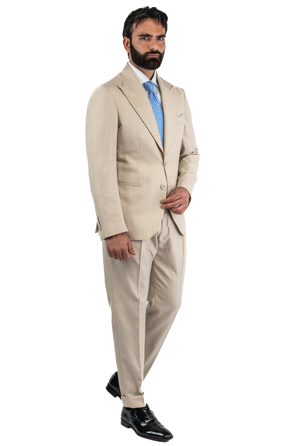 Abito spigato beige monopetto fresco lana TessutiVitale Barberis Canonico completamente sfoderato con Rever a lancia e tasche a filetto