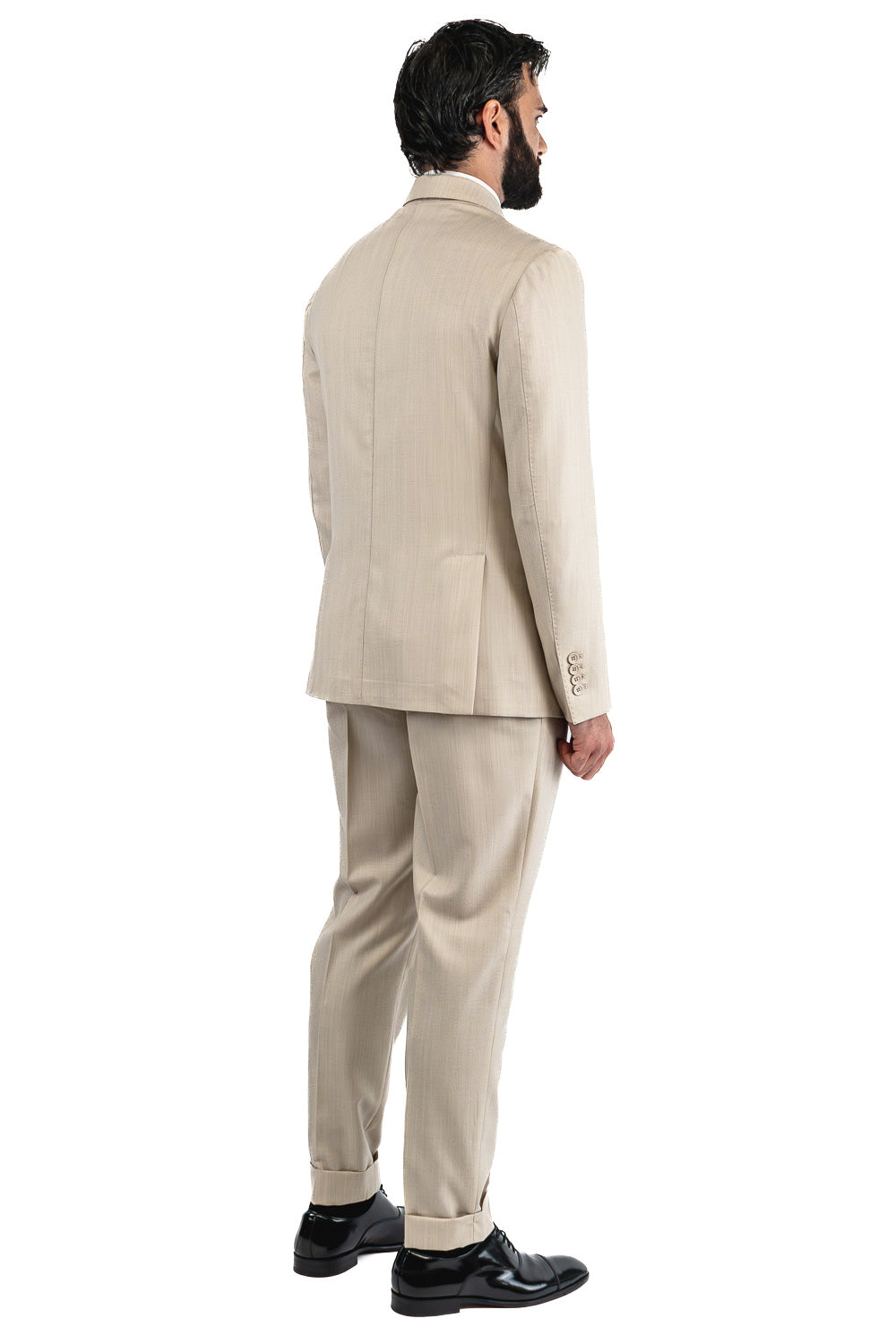 Abito spigato beige monopetto fresco lana TessutiVitale Barberis Canonico completamente sfoderato con Rever a lancia e tasche a filetto