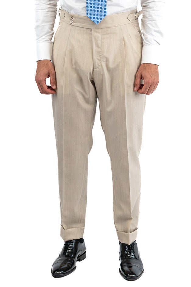 Abito spigato beige monopetto fresco lana TessutiVitale Barberis Canonico completamente sfoderato con Rever a lancia e tasche a filetto