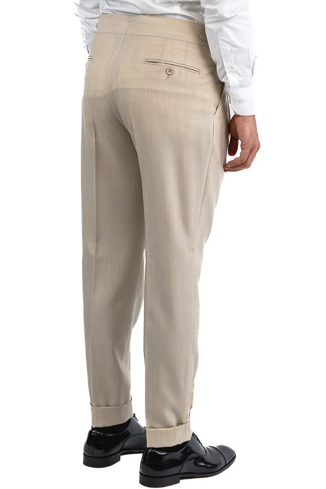 Abito spigato beige monopetto fresco lana TessutiVitale Barberis Canonico completamente sfoderato con Rever a lancia e tasche a filetto