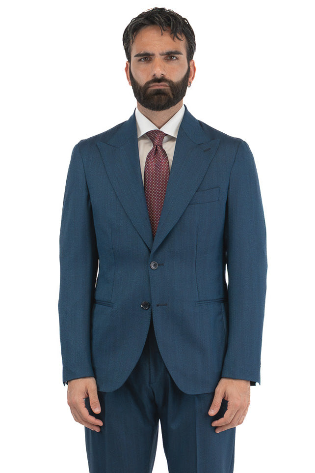 Abito spigato Blu ottanio monopetto fresco lana TessutiVitale Barberis Canonico completamente sfoderato con Rever a lancia e tasche a filetto