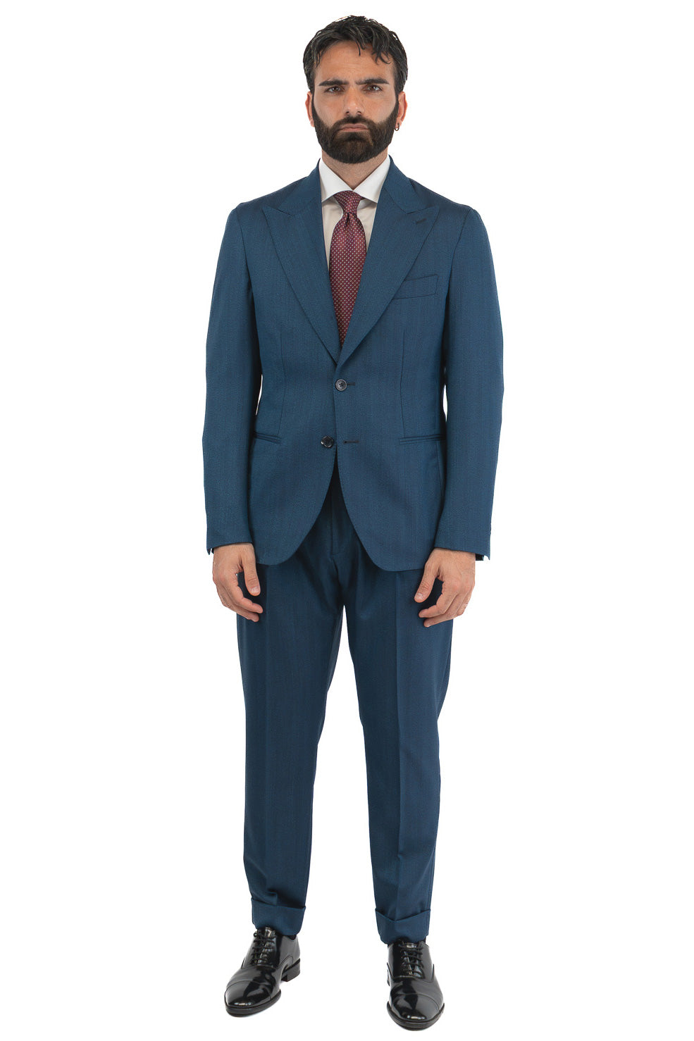 Abito spigato Blu ottanio monopetto fresco lana TessutiVitale Barberis Canonico completamente sfoderato con Rever a lancia e tasche a filetto