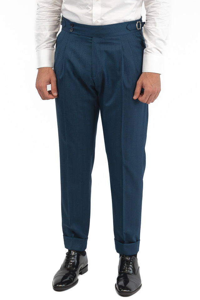 Abito spigato Blu ottanio monopetto fresco lana TessutiVitale Barberis Canonico completamente sfoderato con Rever a lancia e tasche a filetto