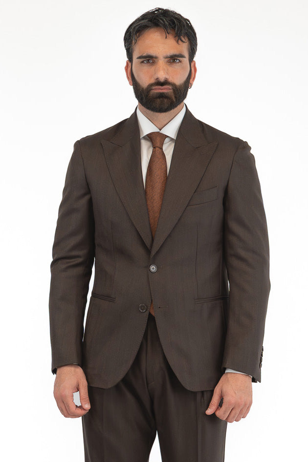 Abito spigato Marrone monopetto fresco lana TessutiVitale Barberis Canonico completamente sfoderato con Rever a lancia e tasche a filetto