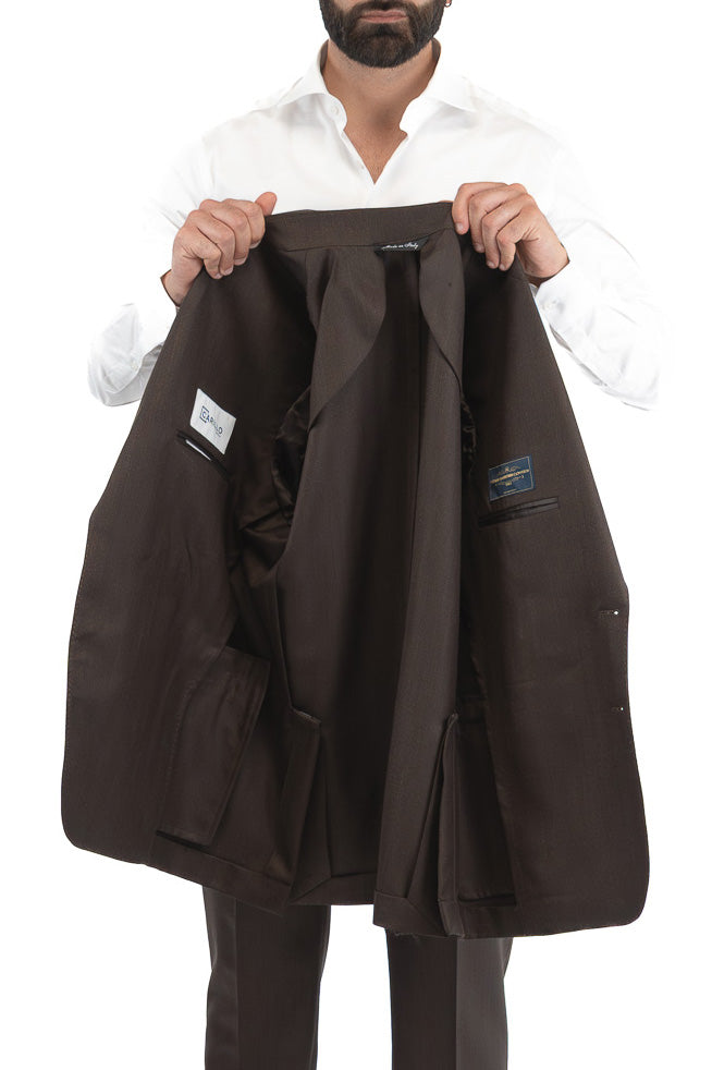 Abito spigato Marrone monopetto fresco lana TessutiVitale Barberis Canonico completamente sfoderato con Rever a lancia e tasche a filetto