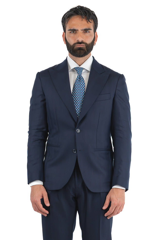 Abito spigato Blu navy monopetto fresco lana TessutiVitale Barberis Canonico completamente sfoderato con Rever a lancia e tasche a filetto