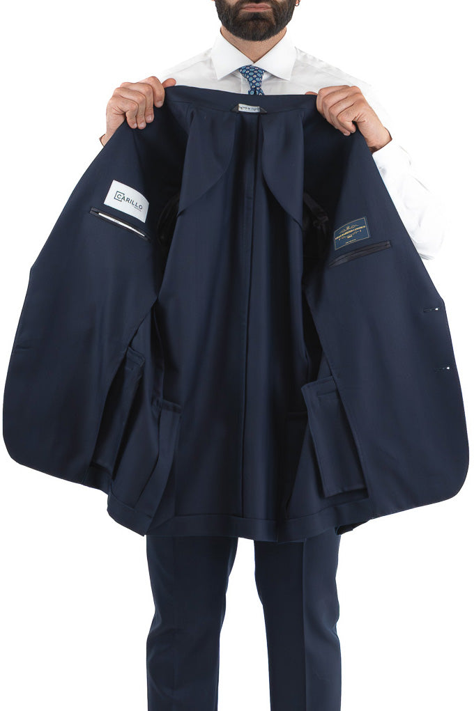 Abito spigato Blu navy monopetto fresco lana TessutiVitale Barberis Canonico completamente sfoderato con Rever a lancia e tasche a filetto