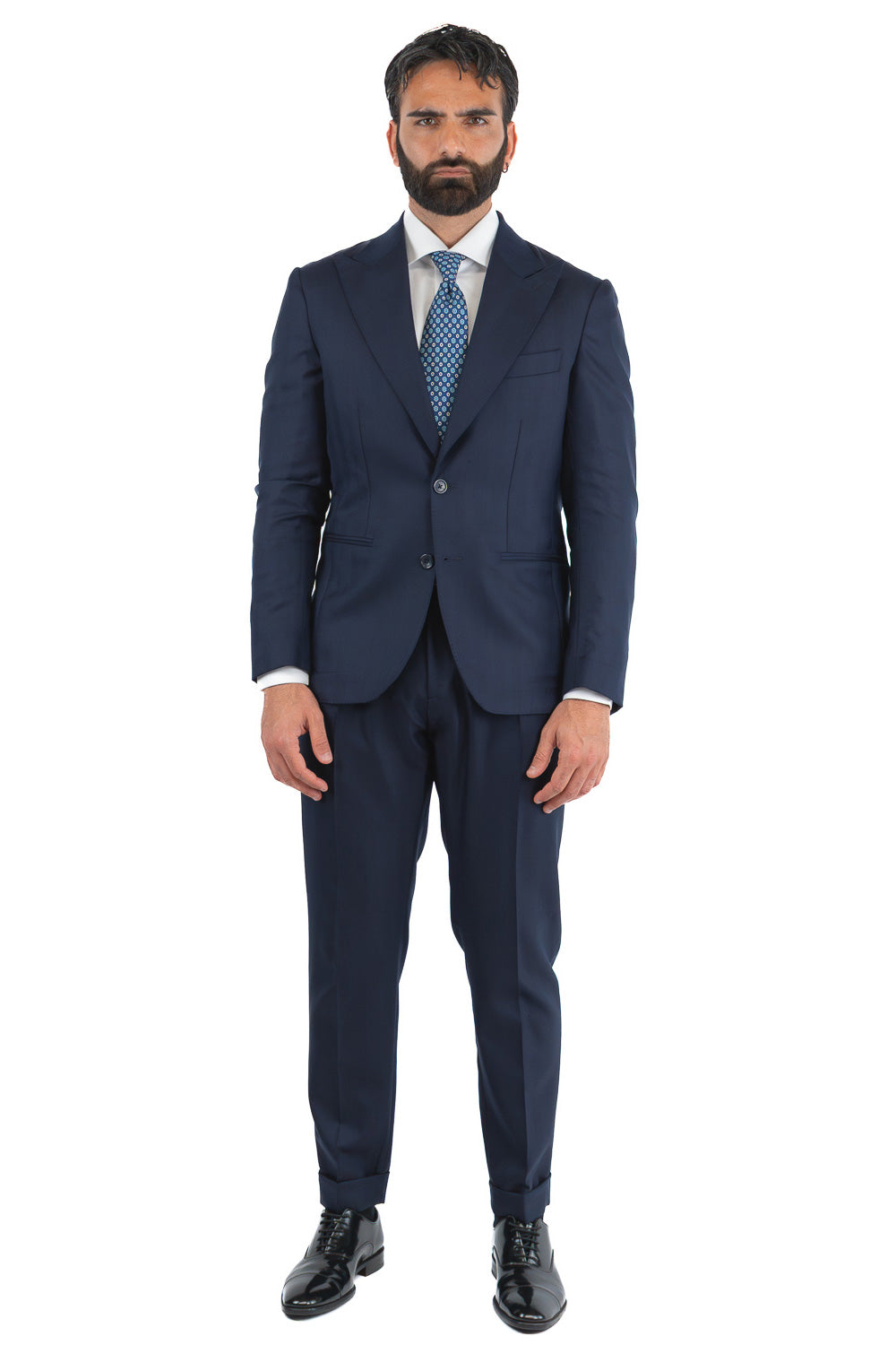 Abito spigato Blu navy monopetto fresco lana TessutiVitale Barberis Canonico completamente sfoderato con Rever a lancia e tasche a filetto