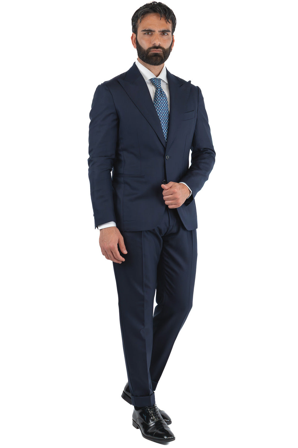 Abito spigato Blu navy monopetto fresco lana TessutiVitale Barberis Canonico completamente sfoderato con Rever a lancia e tasche a filetto
