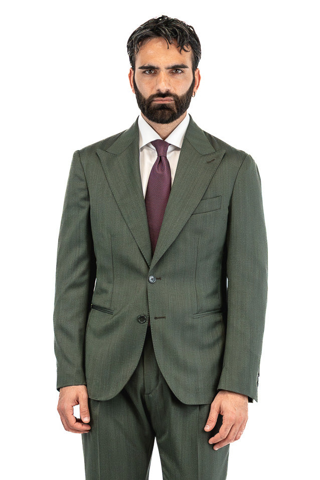 Abito spigato verde militare monopetto fresco lana TessutiVitale Barberis Canonico completamente sfoderato con Rever a lancia e tasche a filetto