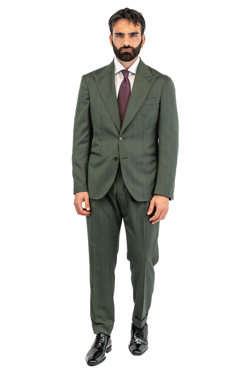 Abito spigato verde militare monopetto fresco lana TessutiVitale Barberis Canonico completamente sfoderato con Rever a lancia e tasche a filetto