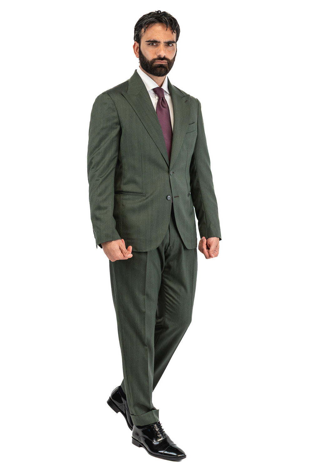 Abito spigato verde militare monopetto fresco lana TessutiVitale Barberis Canonico completamente sfoderato con Rever a lancia e tasche a filetto